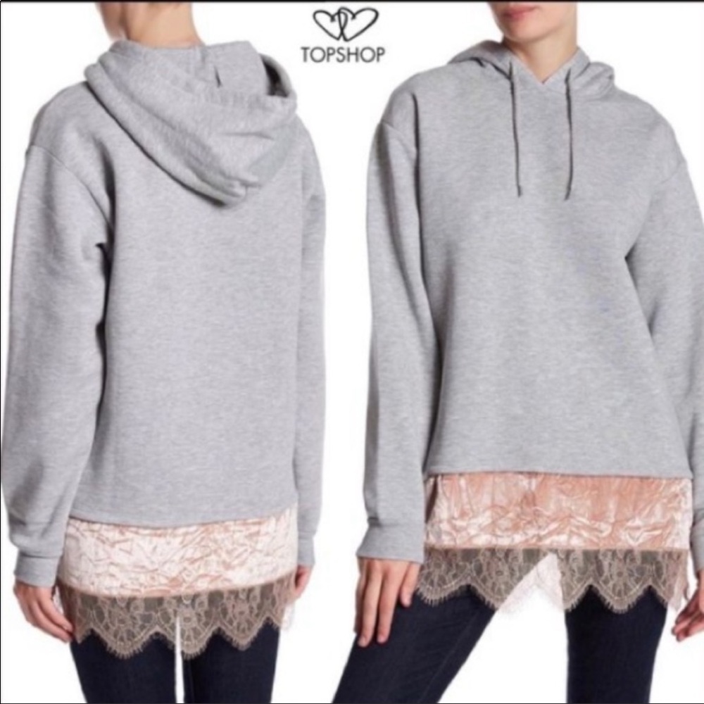 Topshop Velvet Laced Hem Pullover Hoodie
